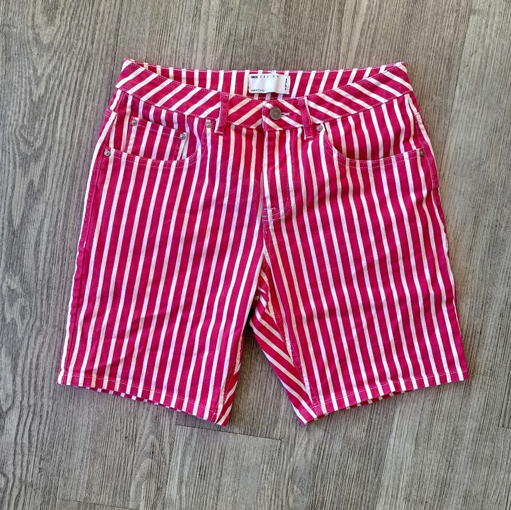 Asos Pink Striped Bermuda Denim Shorts Cotton Blend